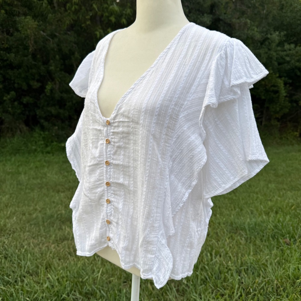 100 % Cotton Prairie Ruffle Coquette Flutter Sleeve Button Top Women L White